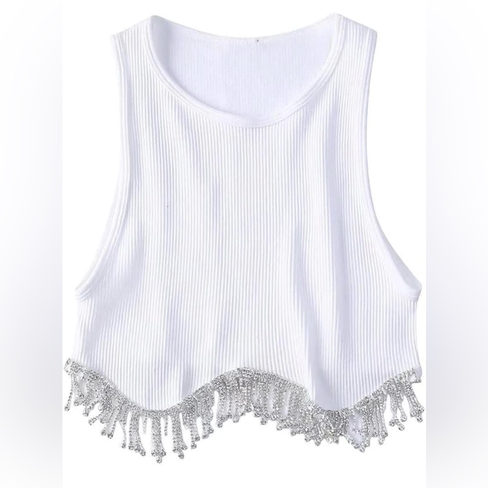 White Sleeveless Top with Fringe Detail
